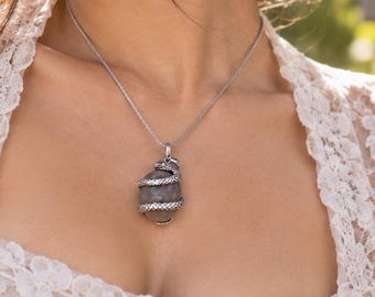 Exclusive Sun Moonstone Snake Pendant, Balinese Silver Necklace