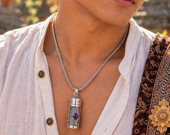 Premium Pure Silver  Bottle Pendant Exclusive Tobacco Keeper, Decorated with Amethyst
