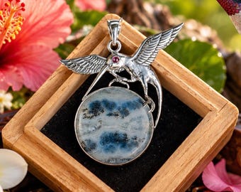 Balinese Sterling Silver Dendrite Agate Hummingbird Pendant with Garnet