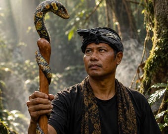 Exclusive Gift, Balinese Serpent Staff, Handcrafted Wooden Snake with Labradorite on Eyes, Painted by Hand