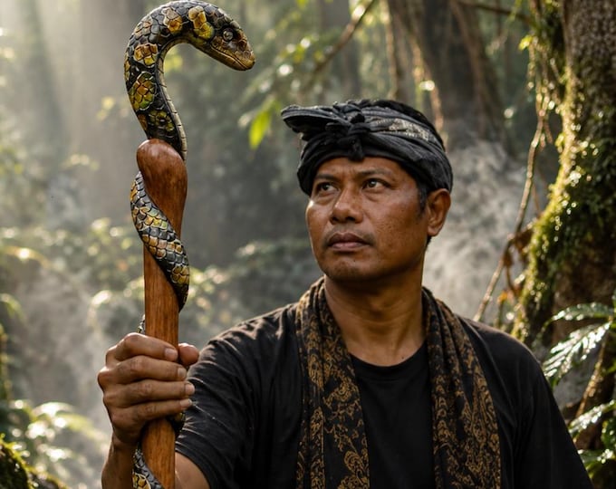 Exclusive Gift, Balinese Serpent Staff, Handcrafted Wooden Snake with Labradorite on Eyes, Painted by Hand