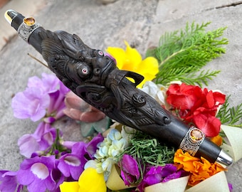 Dewata Ceremonial Collectible Tepi Pipe “Ratu Ayu” | 99% High Purity Silver, Citrine, Garnet, and Peridot Handcrafted Dark  Wood “Rangda”