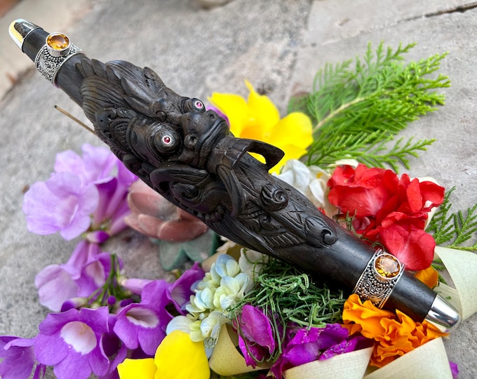 Dewata Ceremonial Collectible Tepi Pipe “Ratu Ayu” | 99% High Purity Silver, Citrine, Garnet, and Peridot Handcrafted Dark  Wood “Rangda”