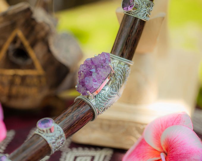 Collectible Handmade Tepi Pipe with High Purity Silver 99% / Purple Amethyst / Tamarind Wood / Balinese Artisan Craft