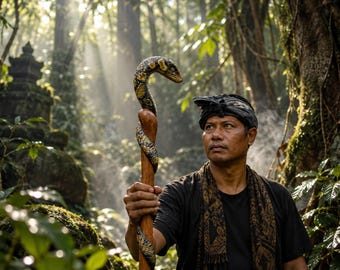 Exclusive Gift, Balinese Serpent Staff, Handcrafted Wooden Snake with Labradorite on Eyes, Painted by Hand