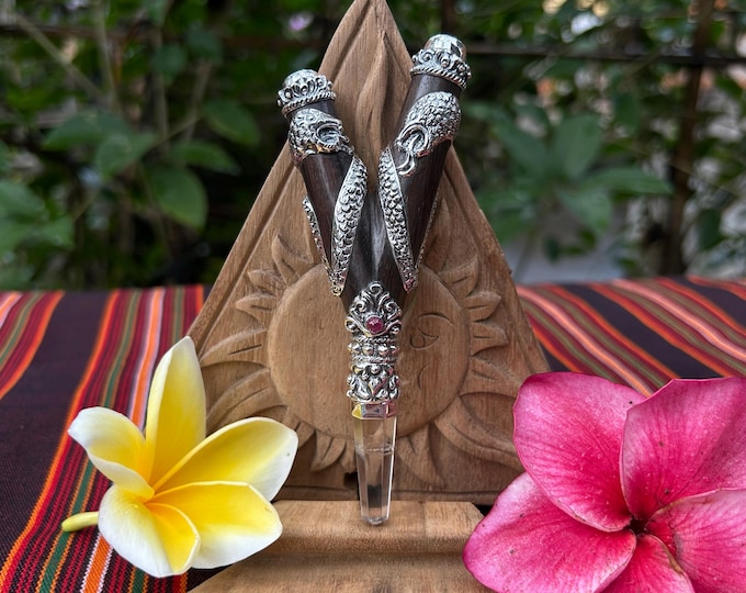 Balinese Serpent Kuripe – Dark Wood with Double Serpent 99% Silver, Ruby Gemstone, Clear Crystal Sacred Rapé Applicator