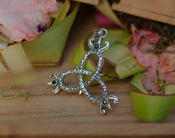 Balinese Shambu God Weapon "Trisula" Pendant, Sterling Silver, Blue Sapphire, Unisex Collectible Necklace, Sacred Jewelry