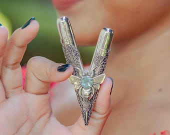Diamond Kuripe Bee Silver Balinese Ornament, Dark wood, Blue Topaz, Exclusive Handcrafted Collectible Kuripe, Free Traditional Wooden Box
