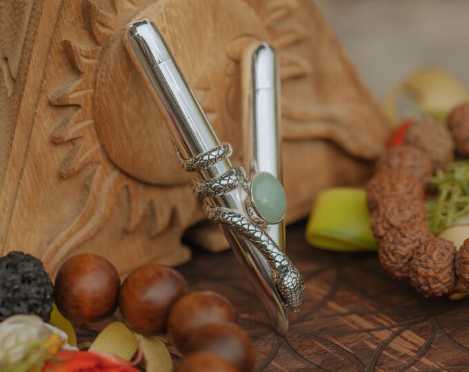 Handcrafted Balinese Snake Kuripe Pipe, Exclusive Collectible Quality Pipe, Selected Tamarin Wood,Balinese Sterling Silver, Emerald Gemstone
