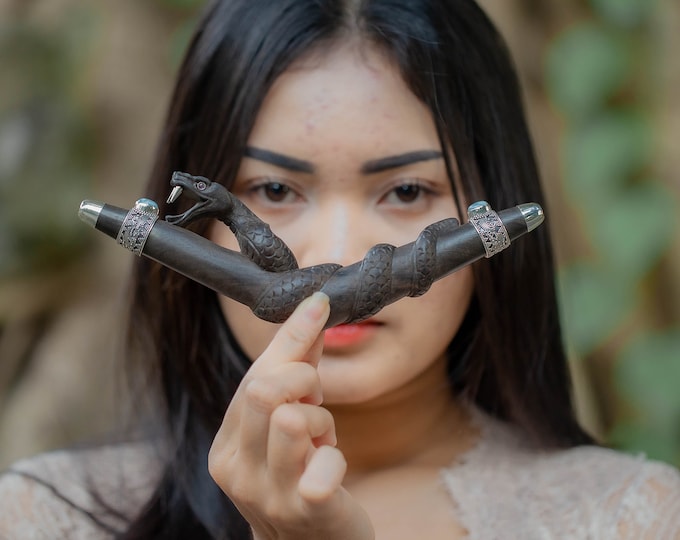 Lipi Bali Tepi, Dewata Snake Pipe, 99% Silver, Amethyst, Larimar Stone. Single Block Dark Wood. Collectible Pipe.