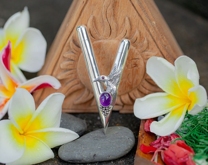 Hummingbird Kuripe Pipe. Exclusive Collectible Ceremonial Rapé Applicator, Best Quality Balinese Sterling Silver, Amethyst, Ruby Gemstone