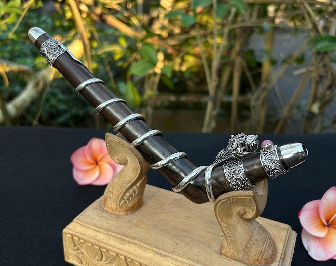 Hand-Carved Dragon Tepi Pipe: 99% Silver, Garnet Eye, Ruby Accent