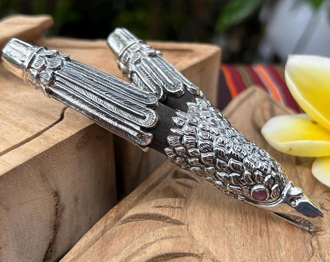 Sacred Kuripe, Dark wood with 99% pure  Silver Eagle Head,  Ruby Eyes | Handcrafted Collectible Kuripe Applicator,