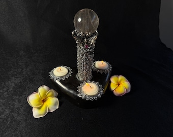 Exclusive Balinese Handcrafted Candle Holder with Clear Crystal, Pure Silver, and Dark Wood – Altar Decoration & Spiritual Gift
