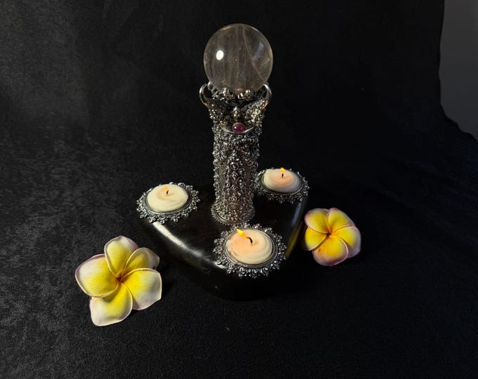 Exclusive Balinese Handcrafted Candle Holder with Clear Crystal, Pure Silver, and Dark Wood – Altar Decoration & Spiritual Gift