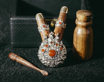 Kuripe Fire Tamarind wood decorated with Silver Fire ornament and Cornelian