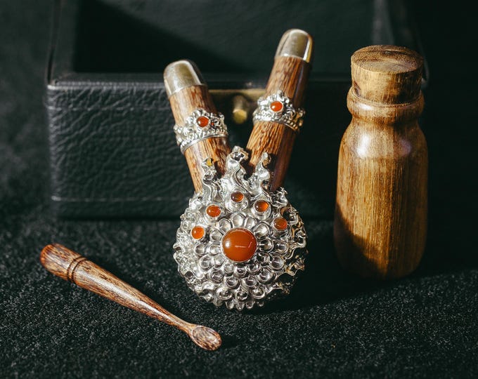Tamarind Wood Kuripe Pipe decorated with Fire element ornament and Cornelian Stones