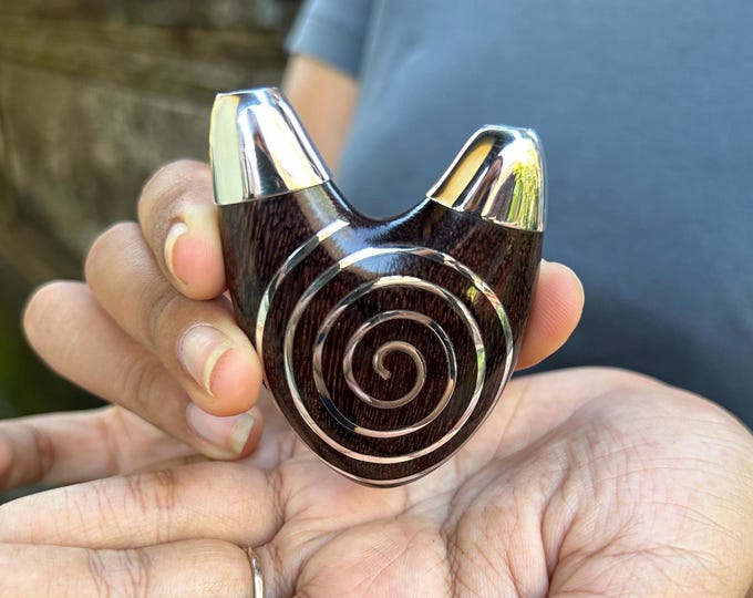Love Shape Tamarin Wood Spiral Silver Line Kuripe Pipe, Exclusive Balinese Sterling Silver Handcrafted Collectible Rapé Applicator, free box