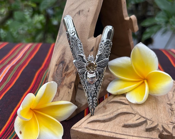 Diamond Kuripe Bee 99% pure Silver Balinese Ornament, Dark wood, Citine, Exclusive Handcrafted Collectible Kuripe.