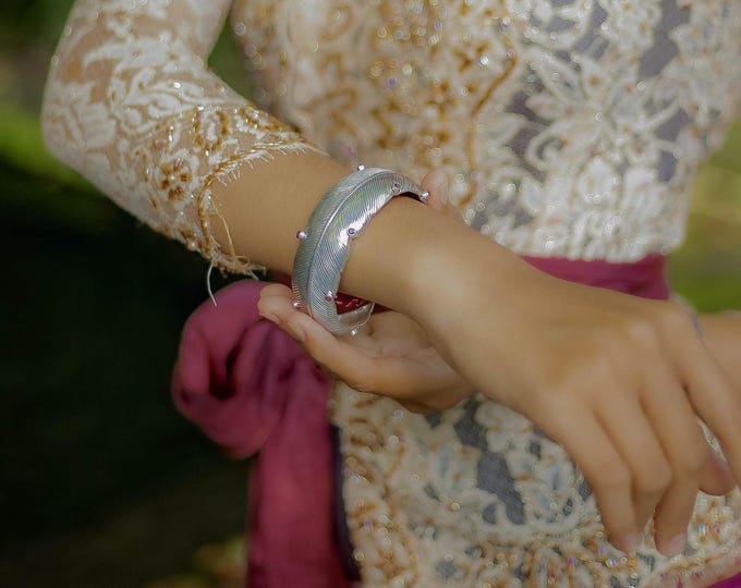 Cuff Feather Bracelet, Sterling Silver & Red Ruby, High-Quality Handcrafted Unisex Bracelet by Dewata Studio Bali