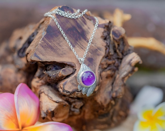 Sterling Silver Feather Pendant with Amethyst Gemstone - Unisex Necklace, Handmade Balinese Jewelry with Wooden Box