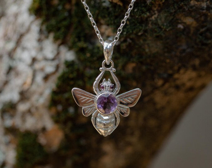 Amethyst Bee Pendant with Amethyst Stone, Balinese Sterling Silver Jewelry, Ruby Gemstone Eyes, Exclusive Sacred Necklace, Unisex Heal