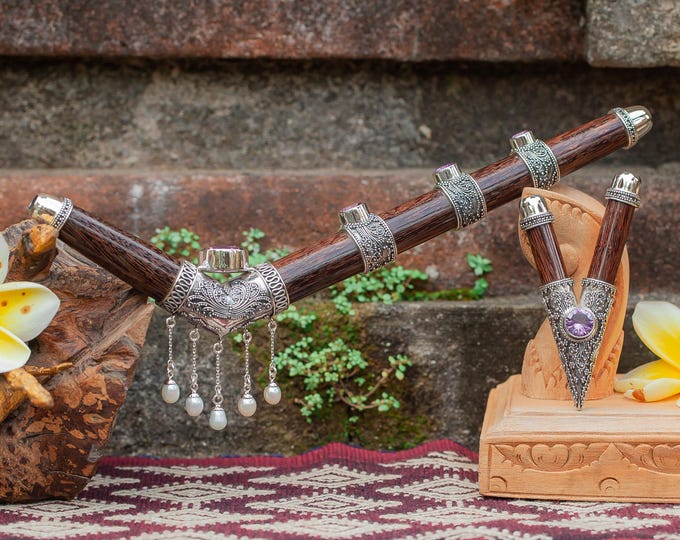 Premium Kuripe & Tepi Pipe Set with Amethyst and Pearl – 99 Silver, Collectible Handcrafted Balinese Design in Traditional Box