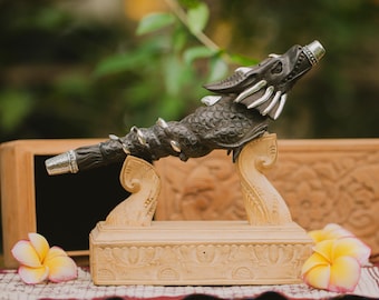 Black Dragon Tepi Pipe - Handcrafted Dark Wood with 99% pure silver ornament