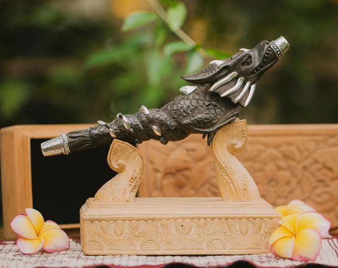 Tepi Pipe Black Dragon | Dark Wood & 99 Silver Inlays | Symbol of Protection and Power | Dewata Studio