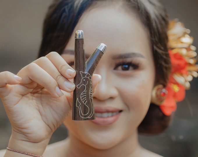 Seahorse Silver Line Standing Kuripe Pipe, Exclusive Balinese Sterling Silver, Handcrafted Collectible Rapé Applicator Free Hand Crafted Box