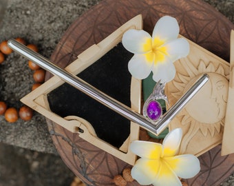 Tepi Hummingbird Pipe, Exclusive Collectible Quality Pipe, Ceremonial Bali Silver Tools, Amethyst and Garnet Gemstone, Free Wood Carving Box