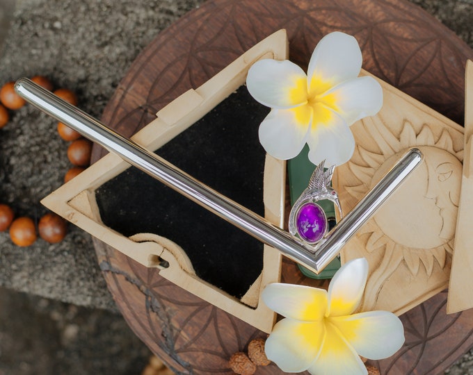 Tepi Hummingbird Pipe, Exclusive Collectible Quality Pipe, Ceremonial Bali Silver Tools, Amethyst and Garnet Gemstone, Free Wood Carving Box