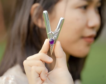 Exclusive hummingbird Kuripe pipe combined materials 99% silver and tamarind wood with amethyst and ruby sacred ceremonial piece