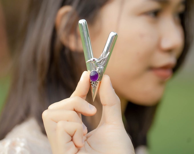 Exclusive hummingbird Kuripe pipe combined materials 99% silver and tamarind wood with amethyst and ruby sacred ceremonial piece