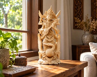 Hand Carved Saraswati Statue: Balinese Aroma Wood Hindu Goddess