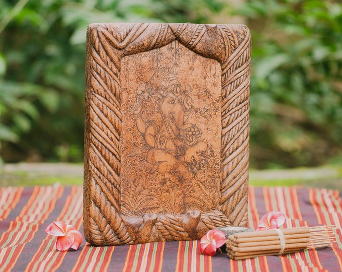 Exclusive handcarved Ganesha altar board with burned wood design made in Bali from selected sawo wood artisan spiritual tray sacred artpiece