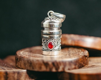Exclusive Mini Rapé Bottle Pendant Premium Pure Silver Ceremonial Tobacco Keeper, Decorated with Ruby Stone