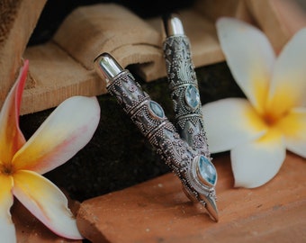 Blue Topaz Stone Sterling Silver Kuripe, Dewata Premium Pipe, Exclusive Balinese Ornament, Collectible Ceremonial Rapé Applicator, Free Box