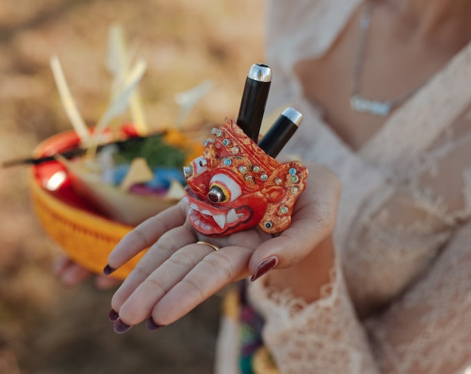 Barong Bali Kuripe Pipe with 38 Gemstones, Sterling Silver, Selected Black wood, Balinese traditiona Art Kuripe. Kuripi Exclusive, Rapé Pipe