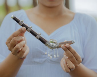 Collectible Exclusive Ceremonial Tepi Pipe, High Quality Dark Wood, Balinese Handcraft Sterling Silver Green amethyst Crystal, White Pearl