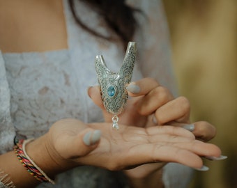 Dewata Full Silver Kuripe Pendant with Blue Topaz, High Purity Silver Ornamentation, Collectible Unisex Kuripe