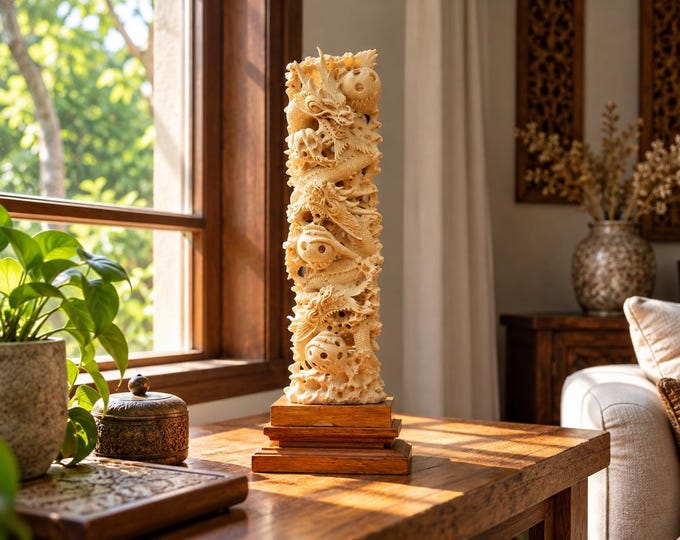 Chinese Dragon Pearl Statue, Balinese Aromatic Wood Sculpture, Exclusive Hand Carved Altar Keeper, Meditation Decor