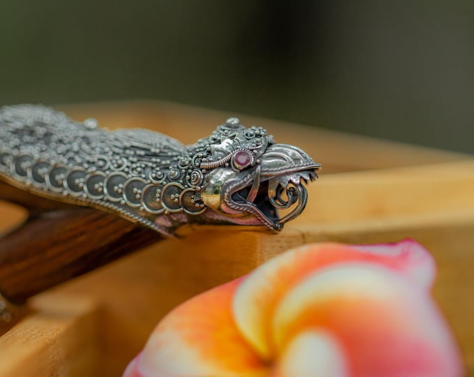 Dragon Ornament Kuripe pipe, Tamarin Wood, Ruby Gemstone, Handcrafted Balinese Sterling Silver, Ceremonial Pipe Set Wooden Carving Box