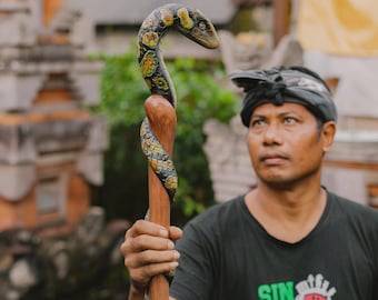 Sacred Balinese Ritual Staff – Hand Carved and paint Serpent Totem Staff for Ceremony, Spiritual Protection & Temple Altar