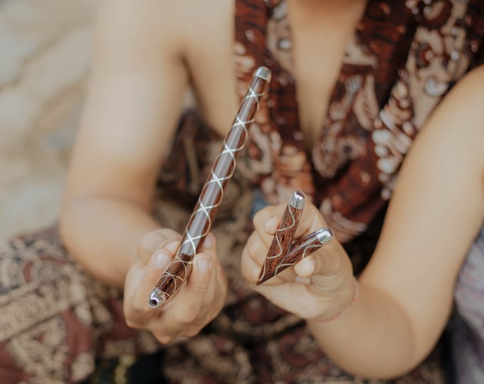 Infinity Silver Line Kuripe & Tepi Pipe Set, Premium Tamarind Wood with Balinese Sterling Silver, Handcrafted Sacred Ceremonial Infinity Set