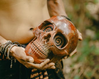 Natural Jasper Stone Skull with Spiral Eyes, collectible Altar Decor