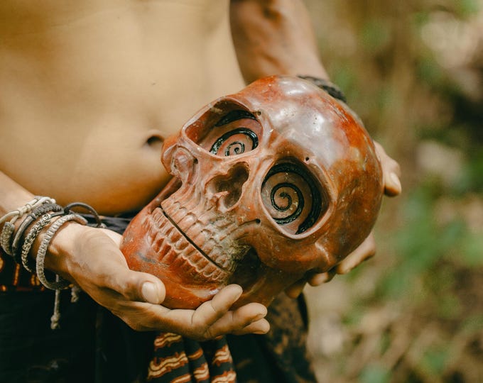 Natural Jasper Stone Skull with Spiral Eyes, collectible Altar Decor