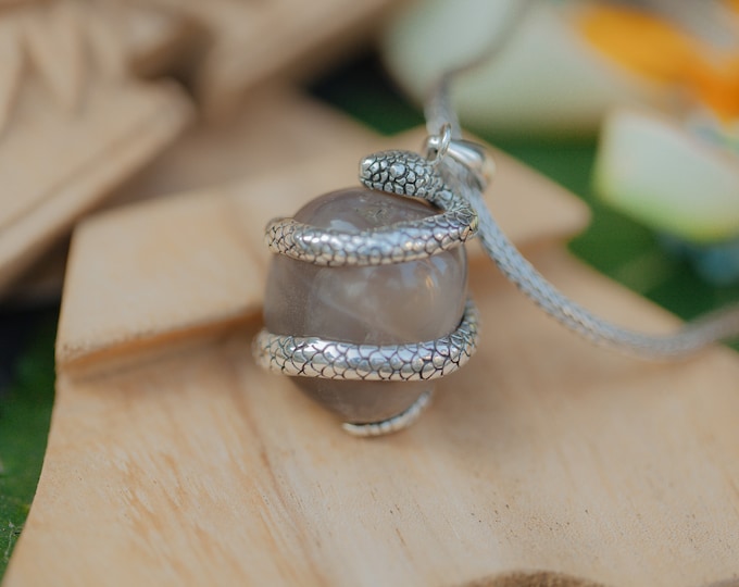 Sun Moonstone Crystal Pendant, Sterling Silver Snake Necklace, Healing Jewelry, Spiritual Amulet, Balinese Handmade Necklace, Unisex Sacred