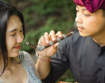 Handcrafted 99 Silver Tepi Pipe: Balinese Amethyst & Pearl Inlay
