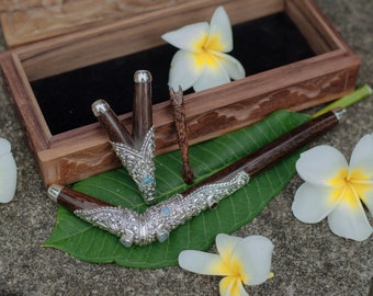 Kuripe and Tepi Pipe, Silver Tatahan Balinese Ornament, Blue Topaz Gemstone, Exclusive Handcrafted Collectible Kuripe, Traditional Set Box